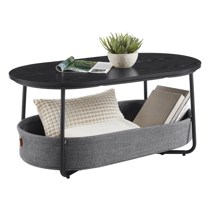VASAGLE Couchtisch oval, Tisch mit Stauraum, Beistelltisch, Wohnzimmertisch mit Korb aus Stoff, mode