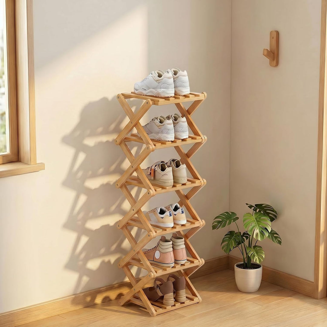 Faltbares Schuhregal Bambus Schmal Ohne Montage 26x26x88cm Natur | Integrierter Klappmechanismus, fe