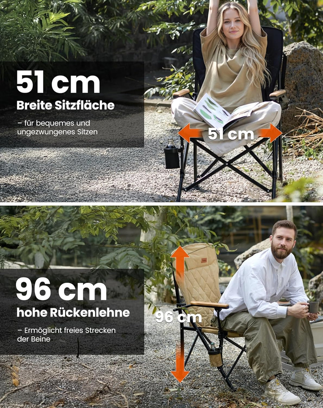KingCamp Campingstuhl faltbar Hochlehnen Campingstuhl Klappbar 136 kg Tragkraft, Ergonomische Bügelh