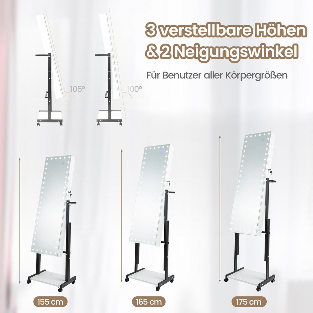 COSTWAY Schmuckschrank mit Rollen, 4 in 1 Spiegelschrank mit 3-farbig LED Leuchten & verstellbarer H