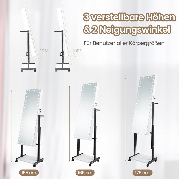 COSTWAY Schmuckschrank mit Rollen, 4 in 1 Spiegelschrank mit 3-farbig LED Leuchten & verstellbarer H