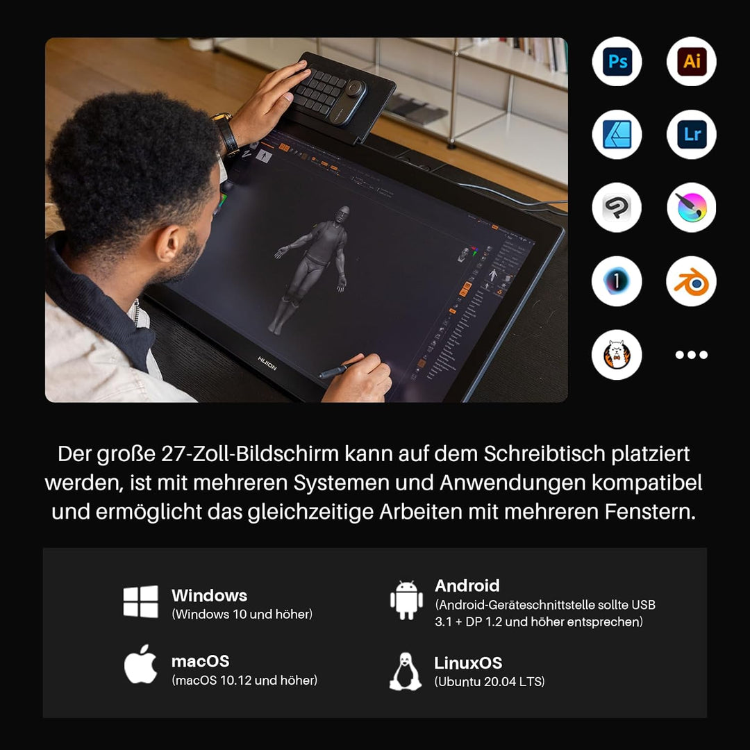 HUION KAMVAS Pro 27 4K Auflösung UHD Grafiktablett mit Display, Zeichentablett mit Dual-Pen Powered