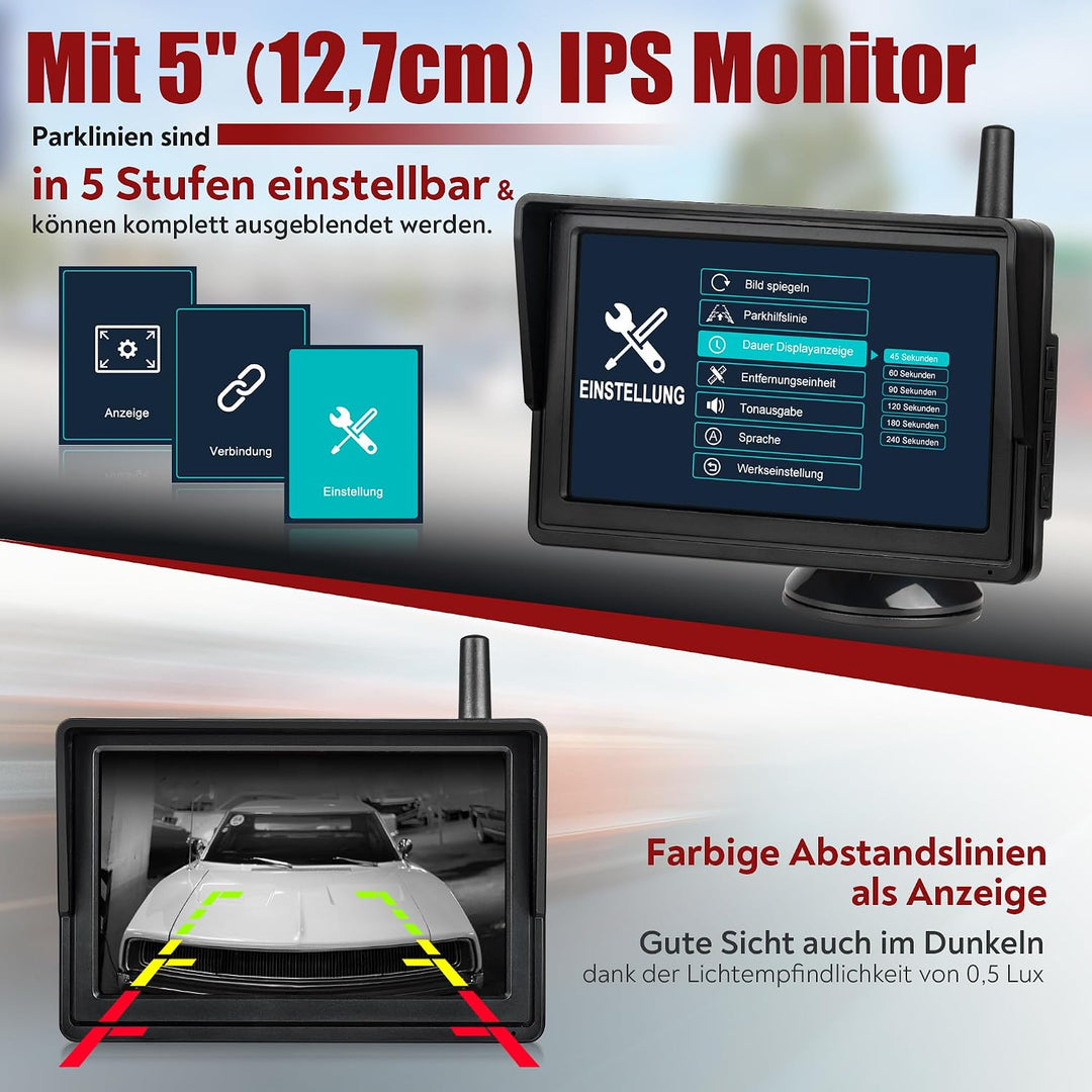 Solar Funk Rückfahrsystem HD Rückfahrkamera im Nummernschild für EU &amp; Österreich mit 5" Monitor Vorn