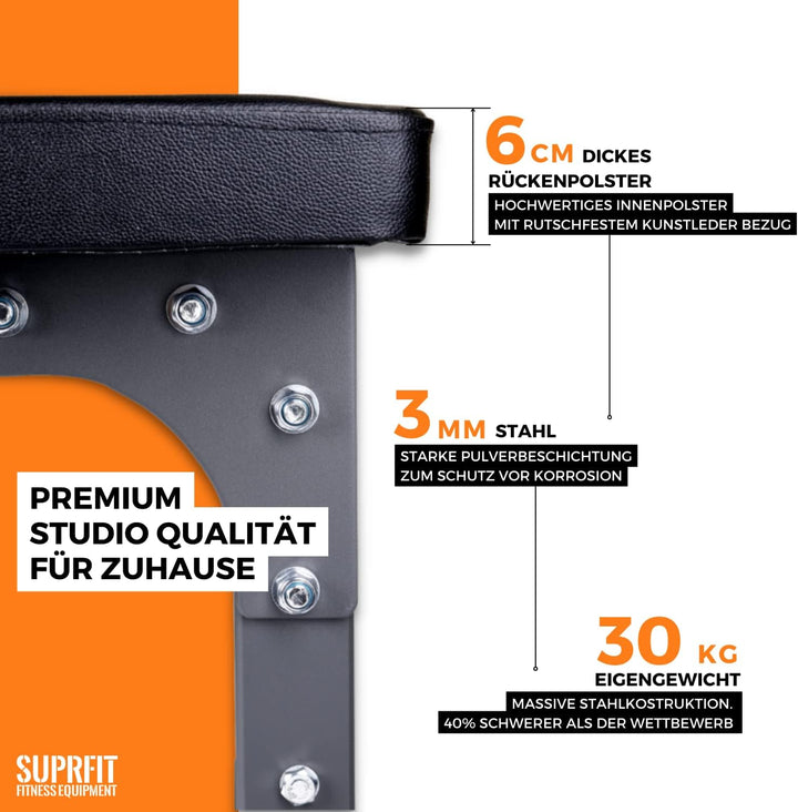Suprfit Flache Hantelbank in Studioqualität - Solide Trainingsbank für Dein Homegym - rutschfeste un