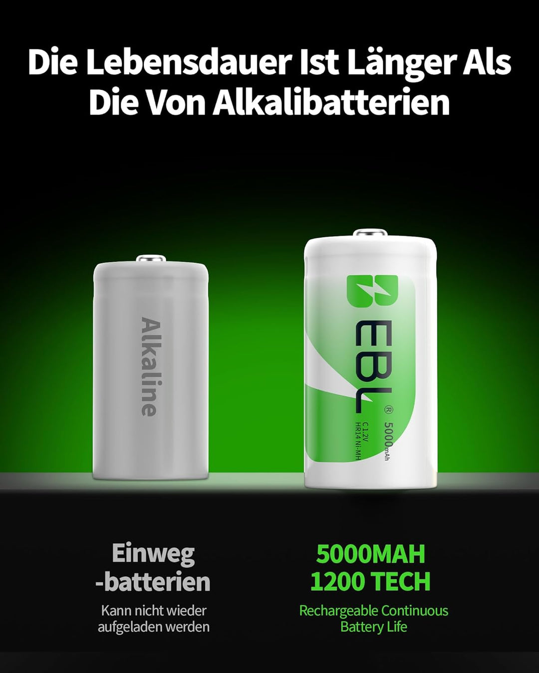 EBL Baby C Akku 5000mAh - NI-MH wiederaufladbare Batterie 4er Pack mit Aufbewahrungsbox, 1,2V Typ C