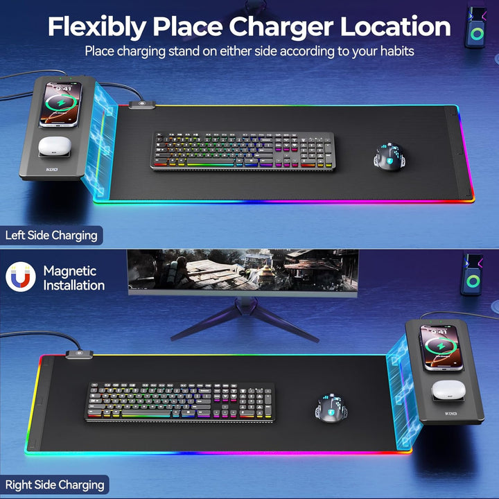 KDD Mauspad Gaming LED 15W Qi Kabelloser Ladung, Gaming Mousepad XXL mit Faltbar Handyhalter, Rutsch