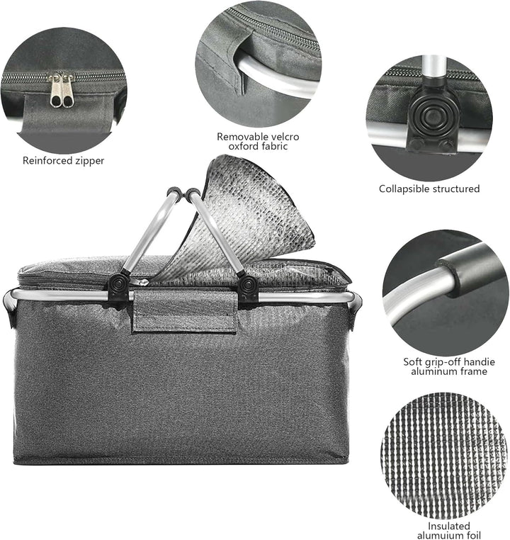 Picknickkorb 25L Einkaufskorb Faltbar Gross Picknickkorb Kühlkorb Einkaufskorb mit Deckel Tragekorb