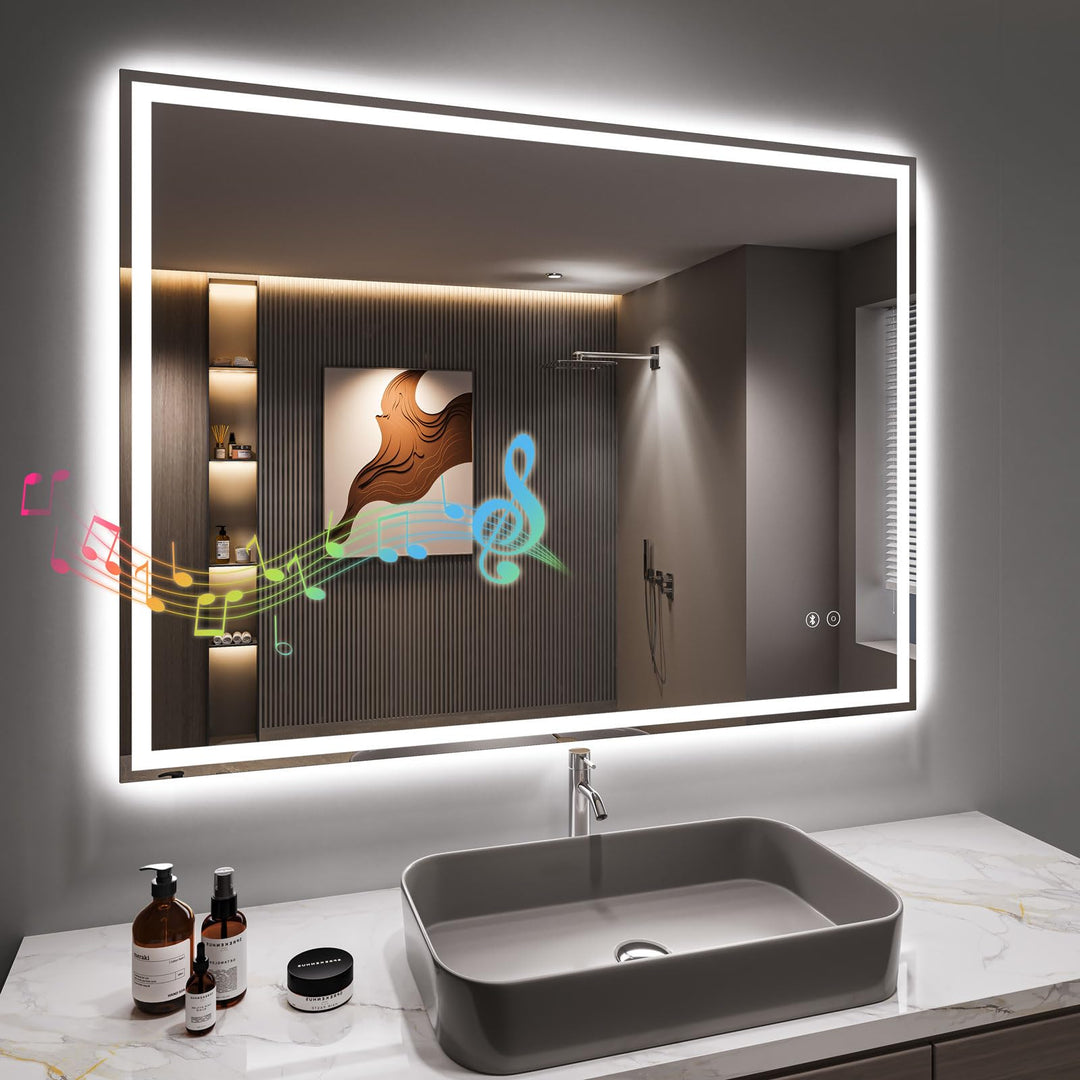 Dripex Badspiegel mit Beleuchtung Led Spiegel mit Bluetooth-Lautsprecher und Steckdose, Dimmbar, 3 L