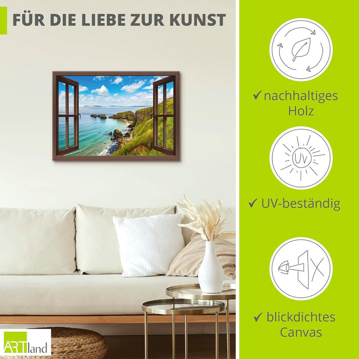 ARTland Leinwandbilder Wandbild Bild Leinwand 70x50 cm Querformat Fensterblick Landschaft Strand Mee