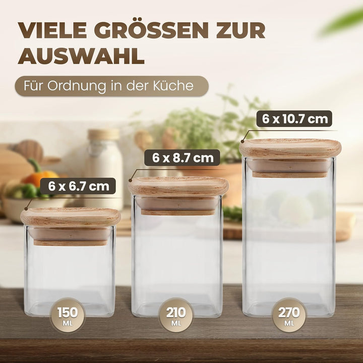 Celeko Home Gewürzgläser Set 210ml Stapelbar Eckig Holzdeckel (12 Stück) Gewürzbehälter Gewürzdosen