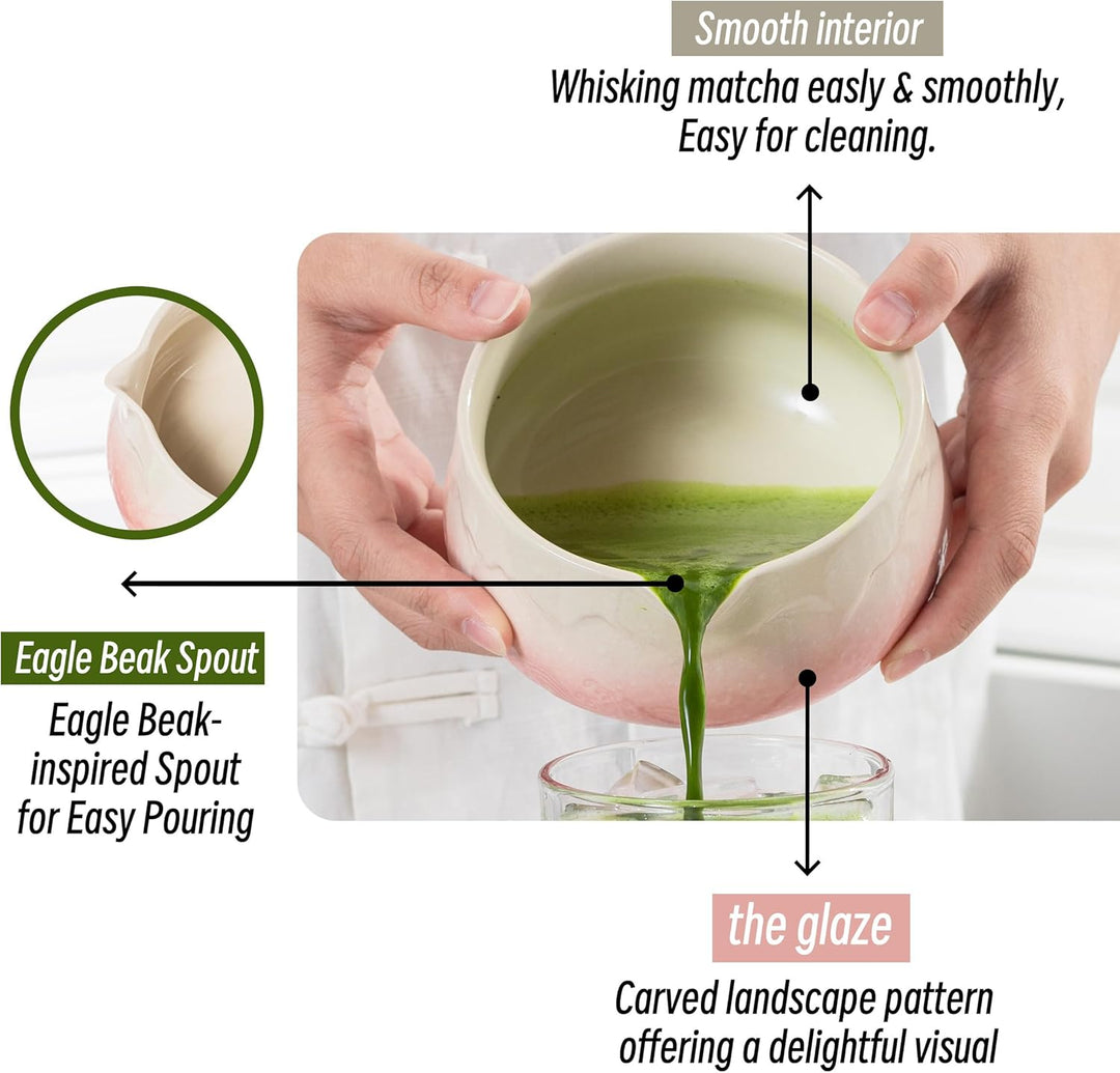 TEANAGOO Matcha Schale mit Ausgiesser,2-Pcs Fuji Design Keramik Schale und Schneebesen Halter(chawan