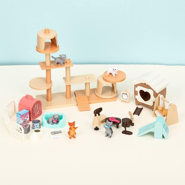 46 Stück Katze Puppenhaus Zubehör, Katzenfiguren Spielset, Wichtel Zubehör, Katzenbaum Katzenhaus Ka