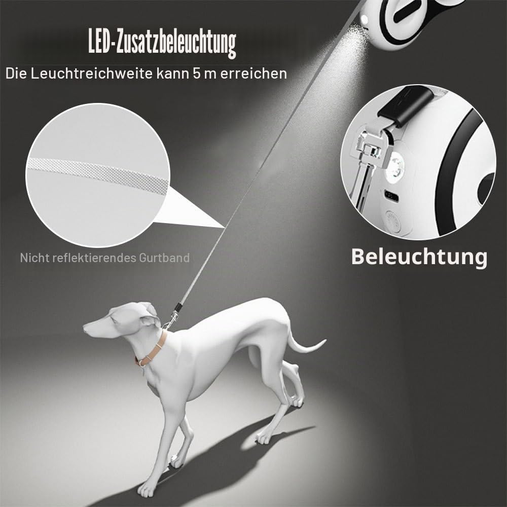Hundeleine 5m, Einziehbar Hunde Rollleine mit LED Licht, Ausziehleine mit Schnellbremsknopf für Trai