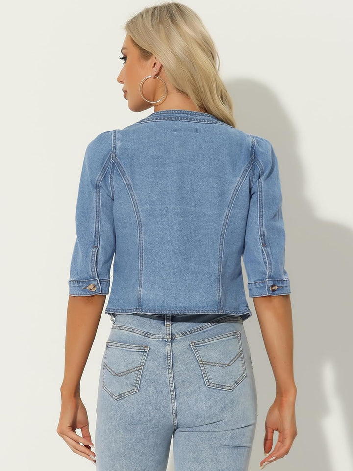 Allegra K Damen Jeansjacke 3/4 Ärmel Open Front Kragenlos Jacke mit Taschen L Hellblau, L Hellblau