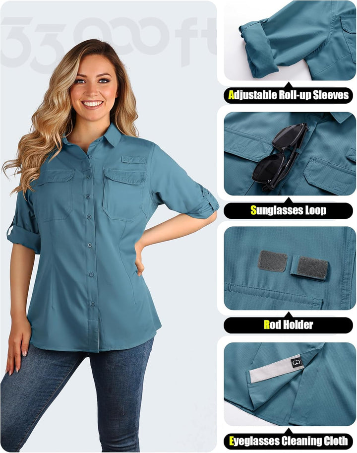 33,000ft Hemdbluse Damen UPF50 UV Schutz Hemd Schnelltrocknende Button-Down Shirts Atmungsaktive Wan