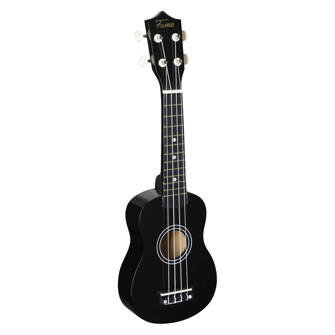 Fame UKE-S BW Sopran Ukulele, Schwarz, Inklusive Tasche, Lindenholz-Korpus, 12-Bund Composite-Griffb