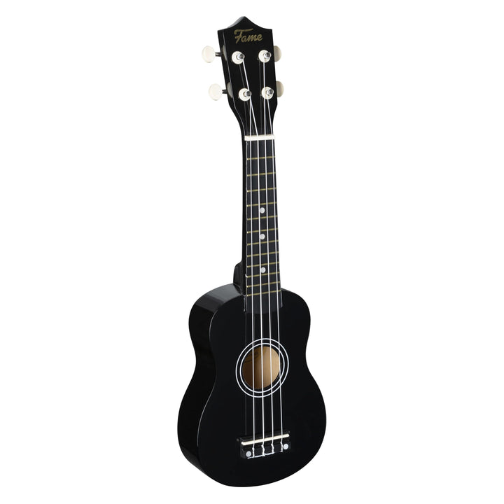 Fame UKE-S BW Sopran Ukulele, Schwarz, Inklusive Tasche, Lindenholz-Korpus, 12-Bund Composite-Griffb