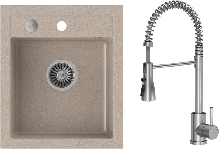 VBChome Spülbecken mit Armatur 43 x 50 cm Beige Granit Einzelbecken Einbauspüle gesprenkelt reversib