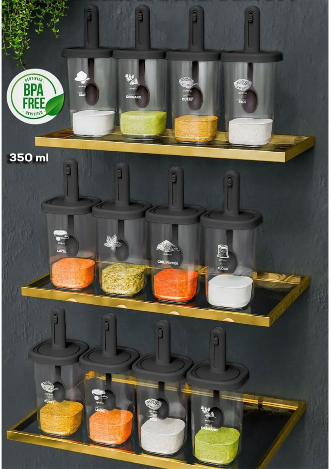 Gewürzbehälter Auswahl, Modernes Design Weiss Silber für Küche (12er Set | 350 ml L), 12er Set | 350