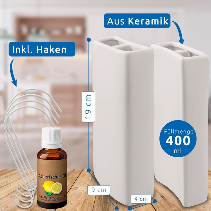 Luftbefeuchter Heizung Keramik Viereckig I Haken & Duftöl [4er Spar-Set, 400ml] I Wasserverdunster f