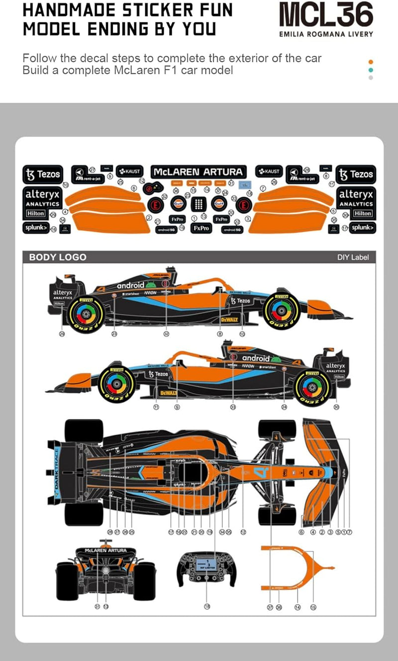 McLaren F1 MCL36 RC Auto (1:12 Skala) - Fernbedienungsauto für Formel 1 der Saison 2022 Fahrer - Lan