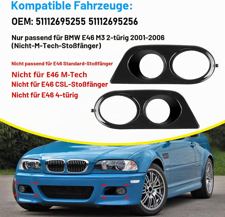 2 PCS Kompatibel mit BMW 3er E46 M3 Nebelscheinwerfer Gitter 2001-2006 NebelscheinwerferRahmen E46 M