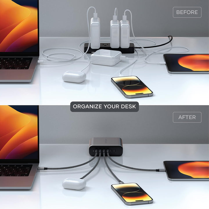SATECHI GaN 200W USB-C Ladegerät mit 6 Anschlüssen – 2 x USB-C PD 3.1 (140W) und 4 x USB-C PD 3.0, S
