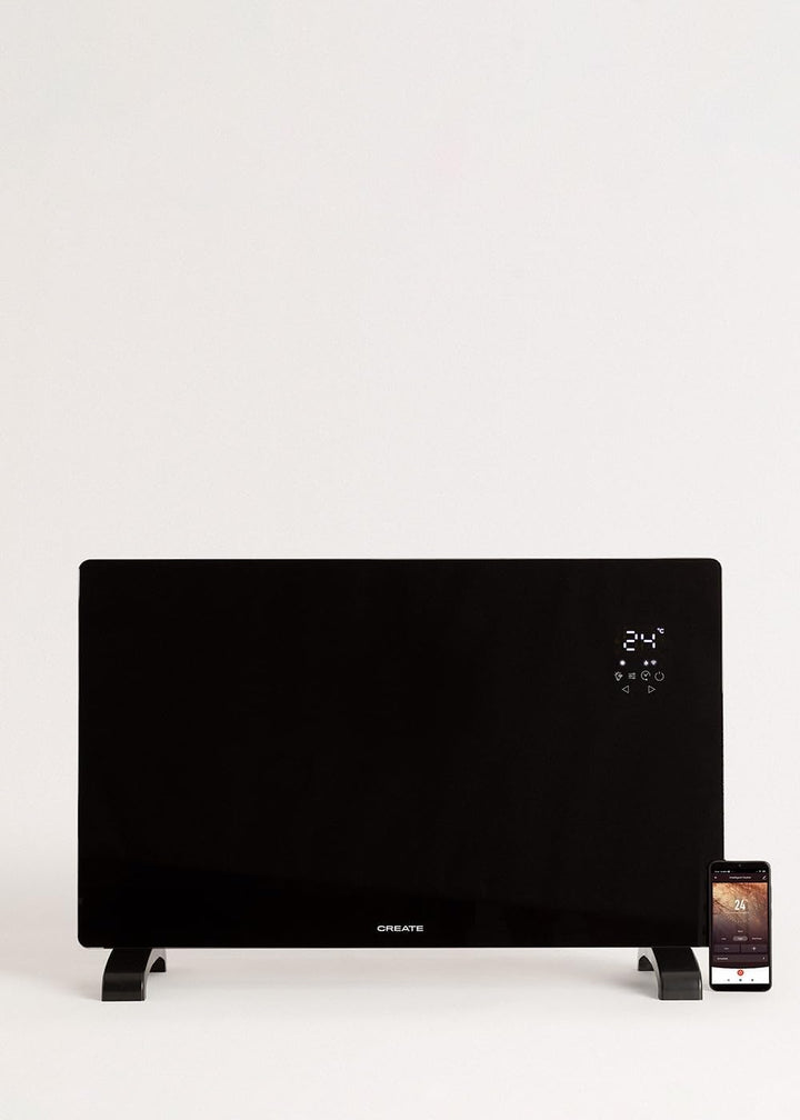 CREATE/WARM CRYSTAL 2500W / Schwarzer elektrischer Glaskonvektor, WiFi, einstellbare Leistung, leise