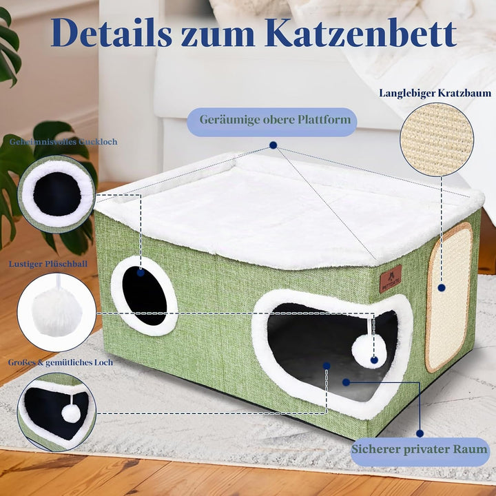 Extra Grosse Katzenhaus Indoor, 2-stöckige Kuschelhöhle mit Kratzbrett und Spielball, Katzenhöhle fü