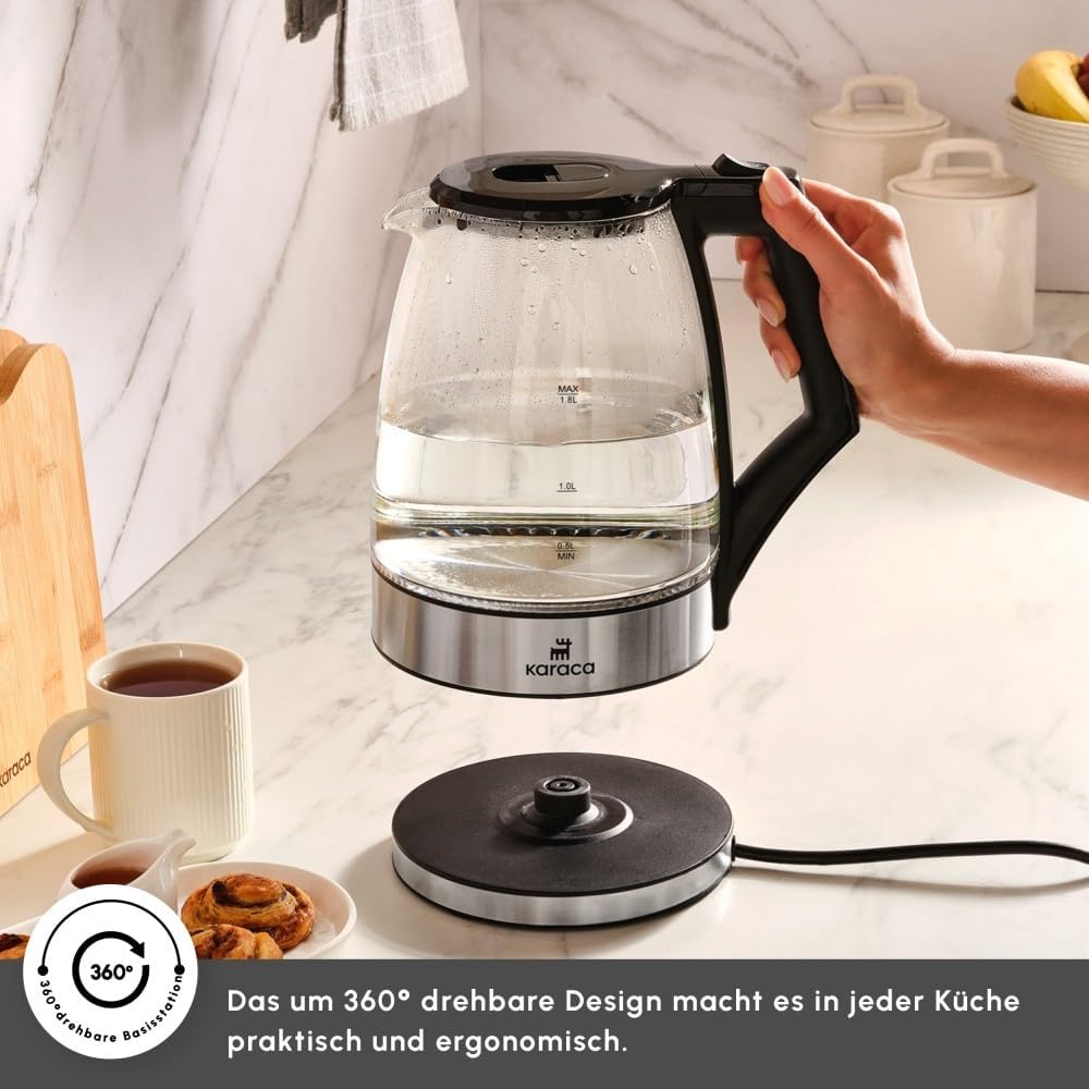 Karaca Glacia Kettle - Glas Wasserkocher Edelstahl - 2200W, 1,8 Liter, Elektrischer Wasserkocher Dur