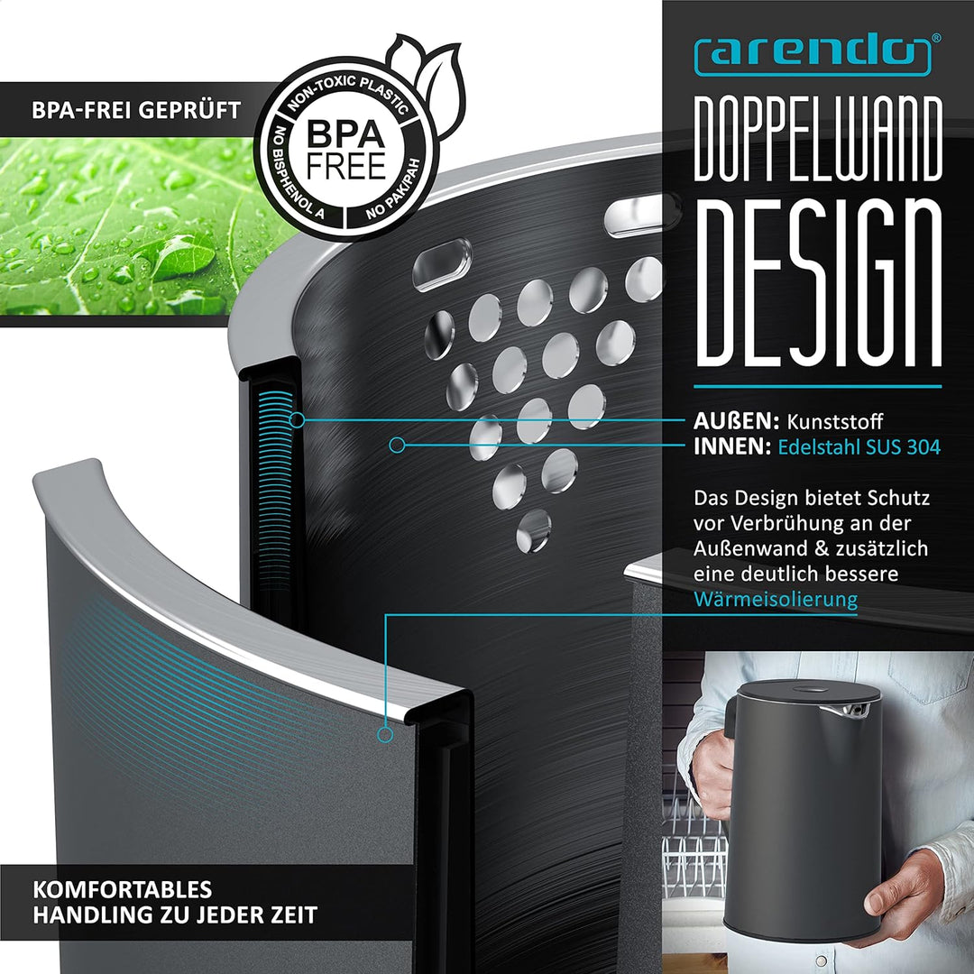 Arendo - Wasserkocher und Toaster im SET Edelstahl Cool Grey, Wasserkocher 1,5L 40°-100°C Warmhaltef