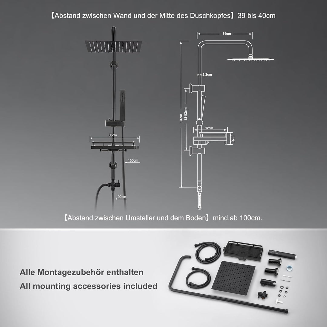 Görbach Regendusche Duschsystem mit Ablage, Wassersparend,Edelstahl Duschset ohne Armatur mit XL Kop