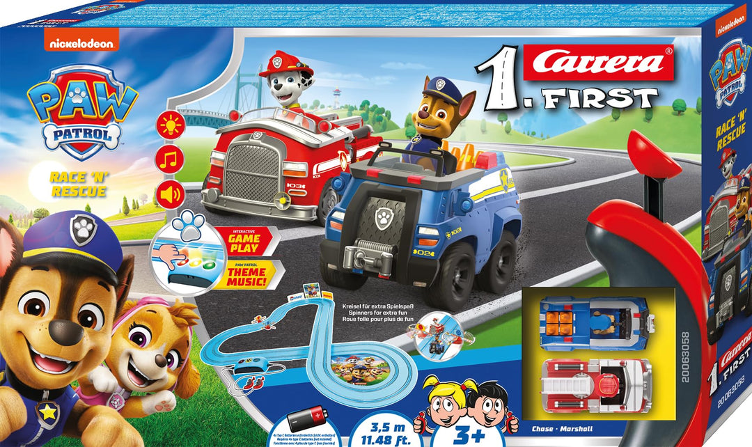 Carrera First PAW Patrol, Race 'N' Rescue – 3,5 Meter Lange Bahn mit Licht-, Sound- & Musikeffekten,