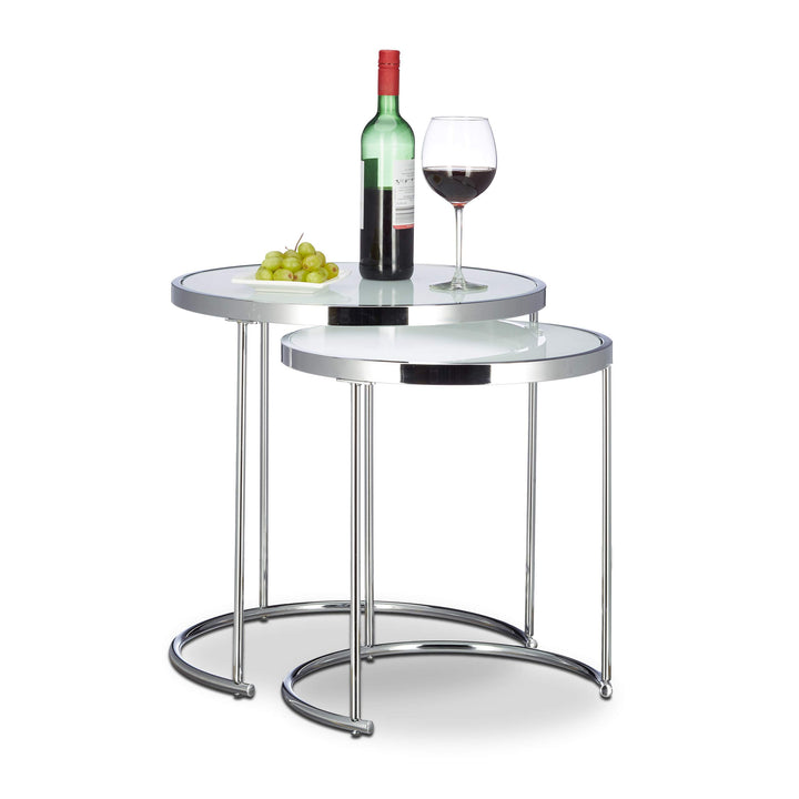 Relaxdays Satztische rund, Chromgestell, 2er Set, modernes Design - Milchglas, Couchtisch Metall, Be