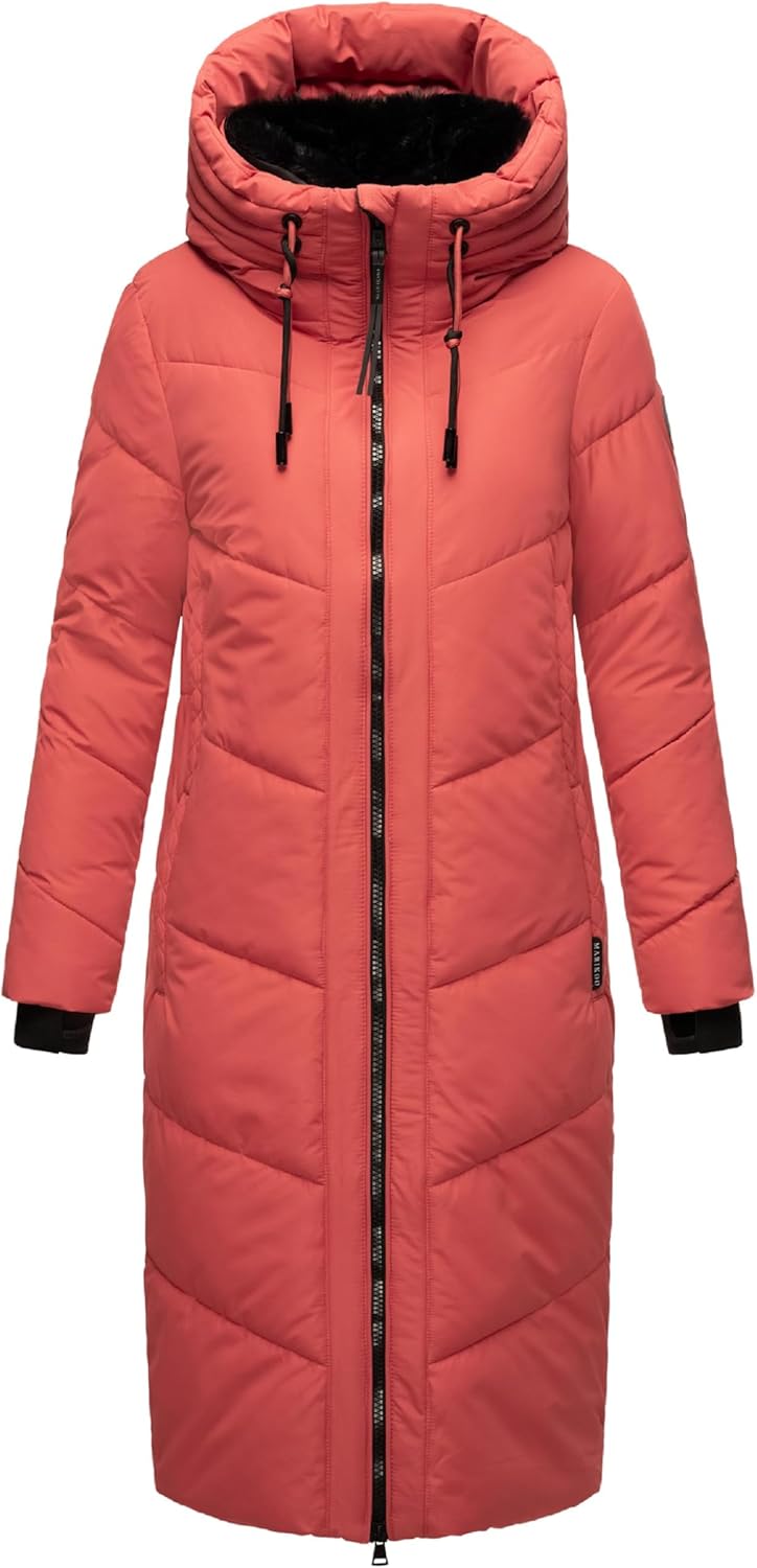 MARIKOO Damen Wintermantel Warmer Steppmantel lang mit Kapuze und abnehmbarem Kunstfellkragen Nadare