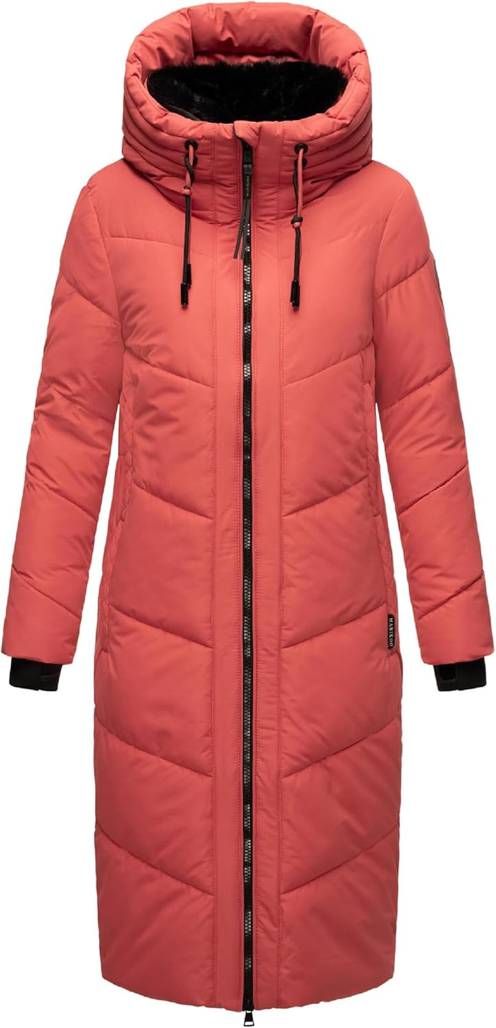 MARIKOO Damen Wintermantel Warmer Steppmantel lang mit Kapuze und abnehmbarem Kunstfellkragen Nadare