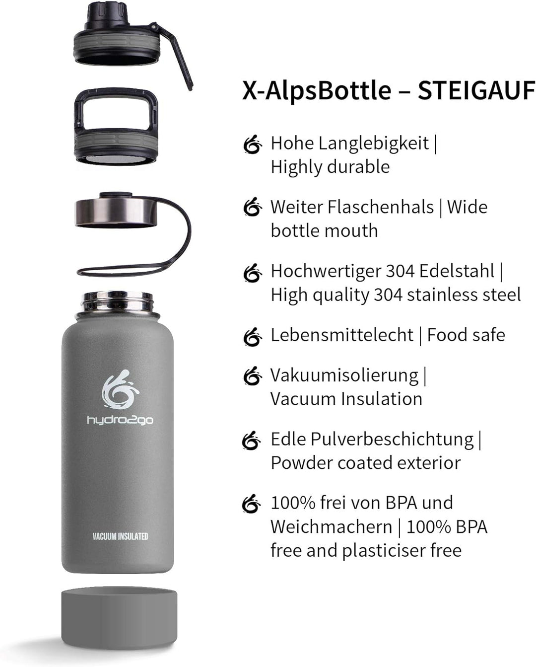 hydro2go ® Edelstahl Trinkflasche X-AlpsBottle - 1000ml / 1l | vakuumisolierte Thermosflasche + 3 Tr