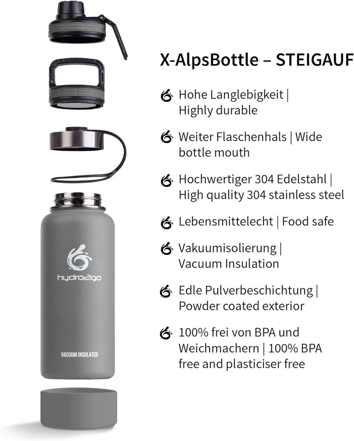 hydro2go ® Edelstahl Trinkflasche X-AlpsBottle - 1000ml / 1l | vakuumisolierte Thermosflasche + 3 Tr