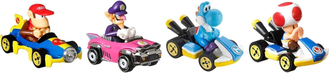 Hot Wheels GXX98 - Mario Kart-Fahrzeug (4er-Pack), Set mit 4 beliebten Figuren, darunter 1 exklusive