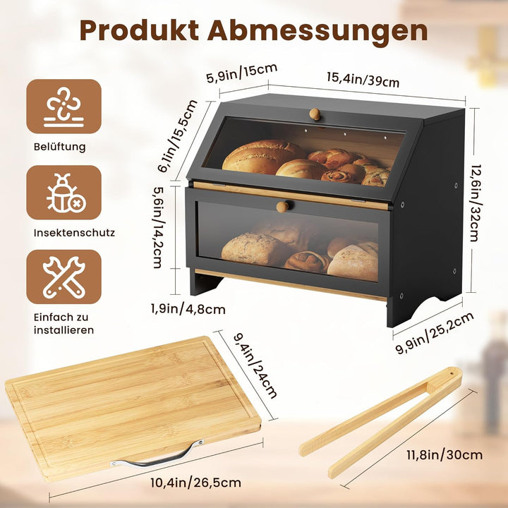 Pamapic Brotkasten Bambus, Brotkorb mit Schneidebrett, 2 Etagen Brotbox mit Brotzange, Brotaufbewahr