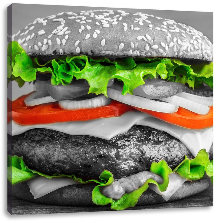Pixxprint leckerer Hamburger mit Zwiebeln schwarz/weiss, Format: 70x70 als Leinwandbild, 70x70