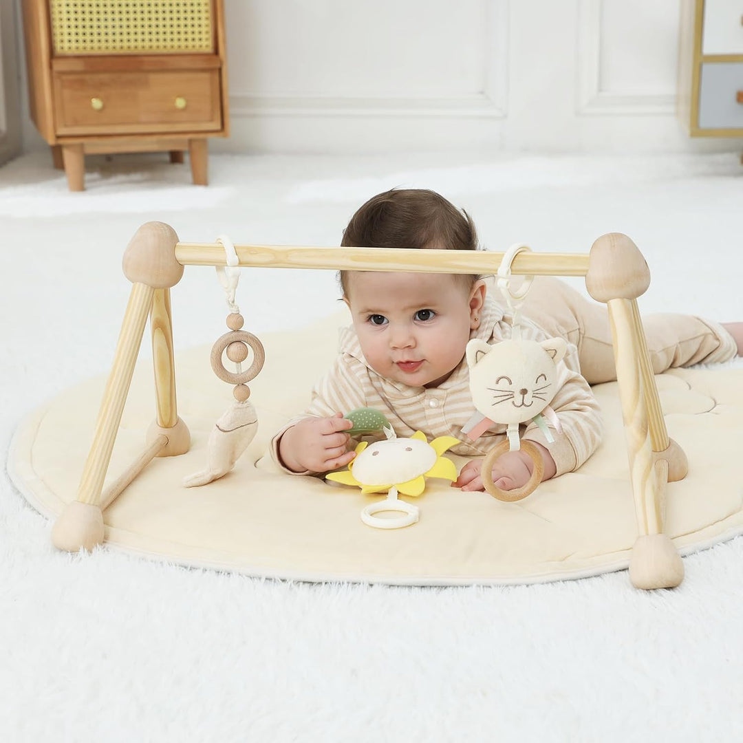 4 IN 1 Katze Spielbogen Baby, Spielmatte Babies mit Natur Holz Activity Spielbogen, 3 abnehmbaren Sp