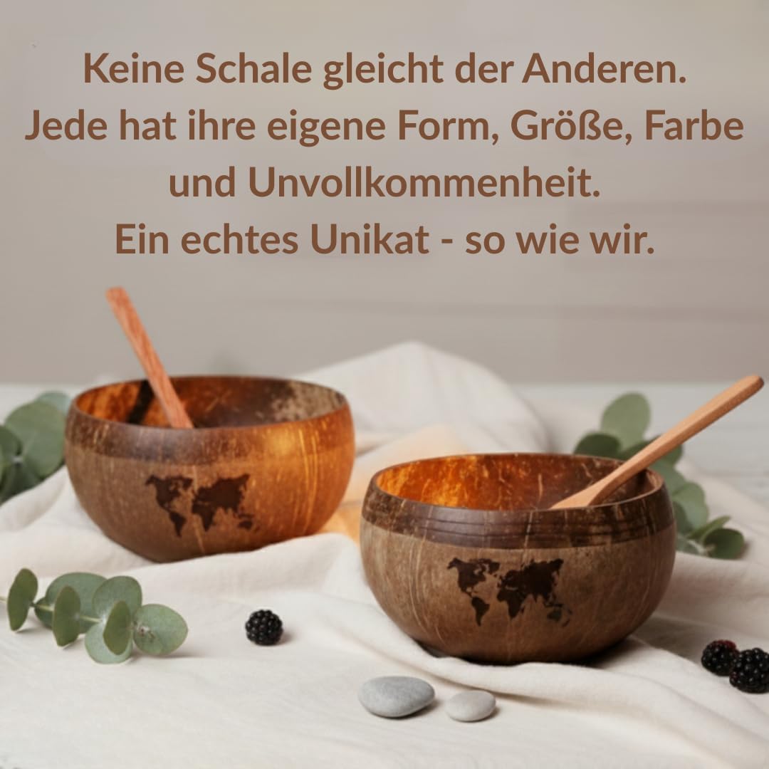 Kokosnuss Bowls - 2er Set Müslischalen, Smoothie Kokosnuss Schalen mit Anti-Kipp-Ring &amp; Holzlöffel –