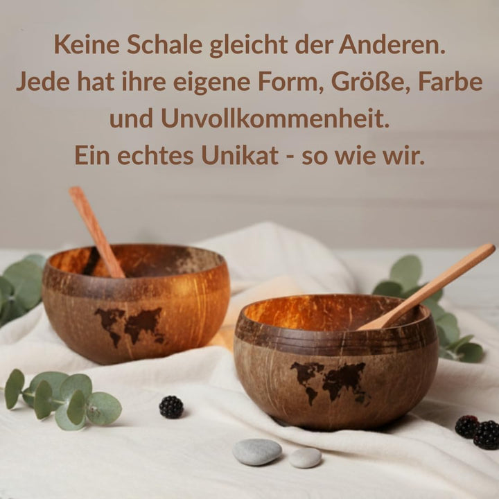 Kokosnuss Bowls - 2er Set Müslischalen, Smoothie Kokosnuss Schalen mit Anti-Kipp-Ring &amp; Holzlöffel –