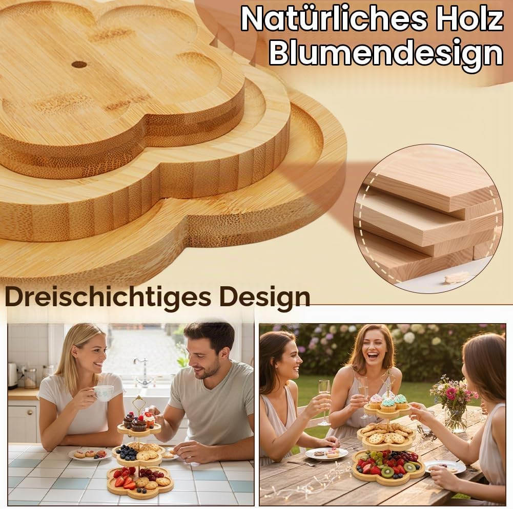Etagere 3 Etagen Bambus, Holz-Cupcake-Ständer Blumenform-Design, Bambus-Etagere Buffet Ständer Servi