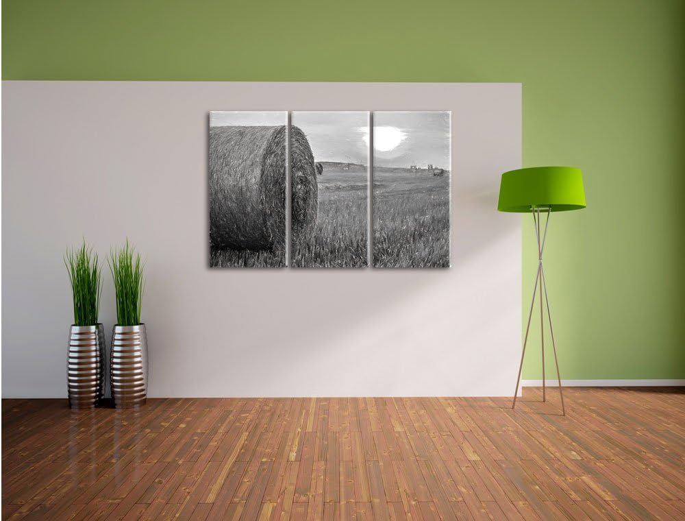 Pixxprint Strohballen auf Feld als Leinwandbild/Grösse: 3 Teilig (120x80) cm/Wandbild/Kunstdruck/fer
