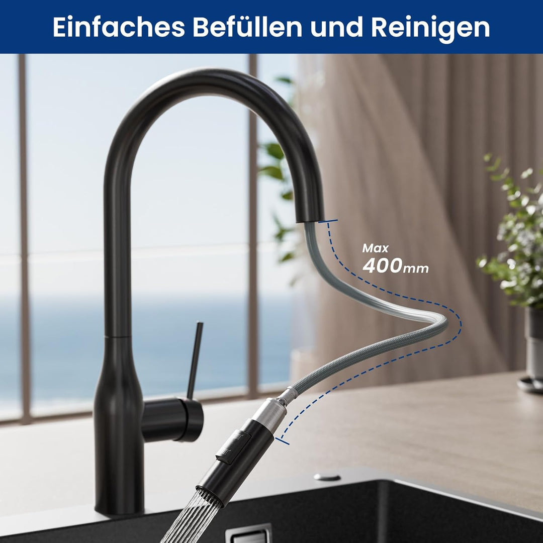 CECIPA Wasserhahn Küche Ausziehbar, Hochdruck Küchenarmatur Schwarz, 360° Schwenk Armatur Küche mit