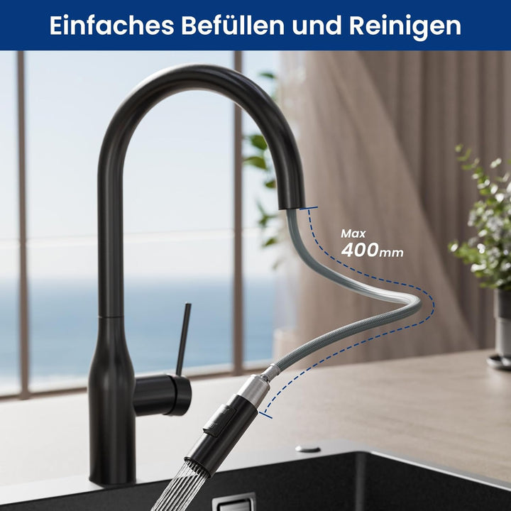 CECIPA Wasserhahn Küche Ausziehbar, Hochdruck Küchenarmatur Schwarz, 360° Schwenk Armatur Küche mit