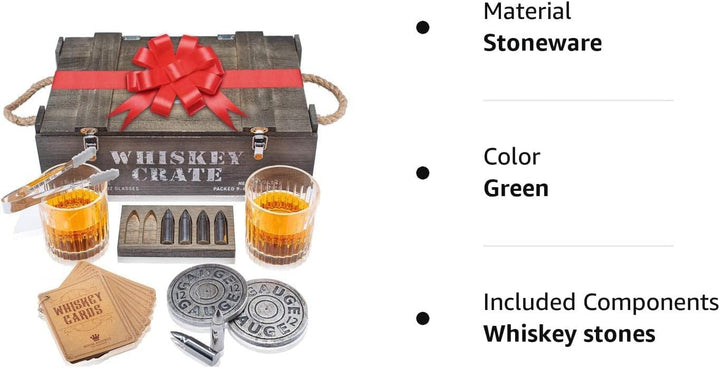 Whisky Geschenkset – Whiskey Gläser, Kugeln Steine und Untersetzer, Eiszange, Holzkiste, Geschichts-