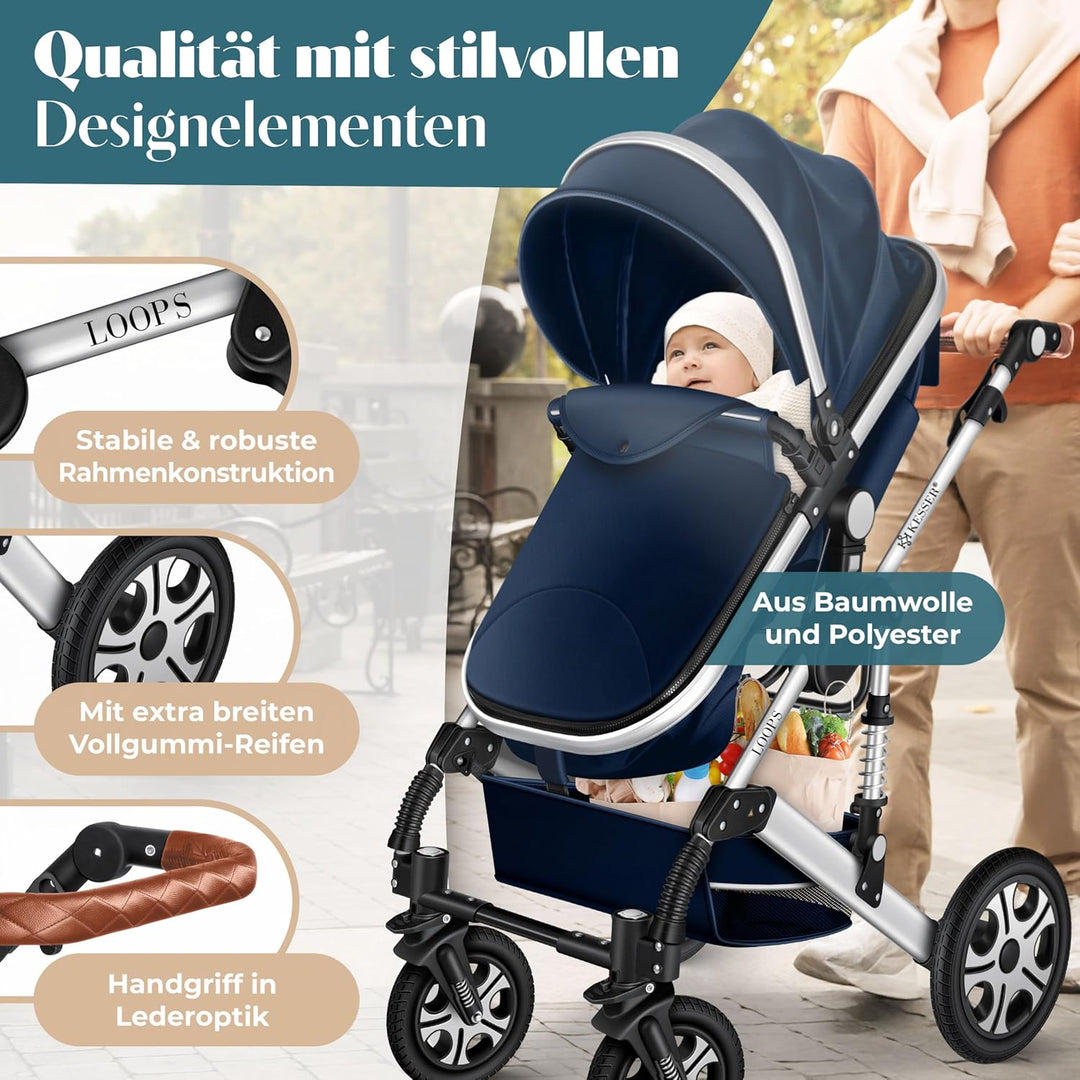 KESSER® Loops 3 in 1 Kinderwagen Kombikinderwagen Komplett-Set inkl. Babywanne &amp; Buggy Sportsitz &amp; A